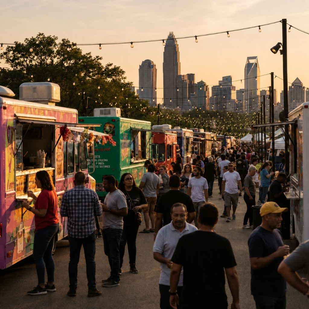 Charlotte food truck festival with trucks, guests, and the city skyline at dusk