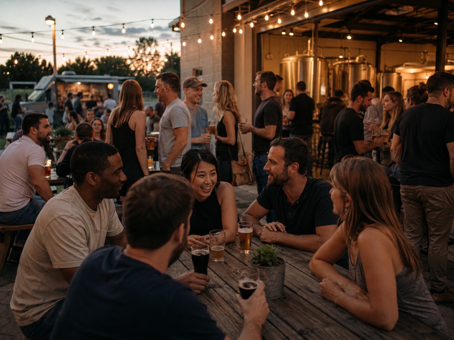 Guests socializing on a brewery patio at dusk with string lights and tanks