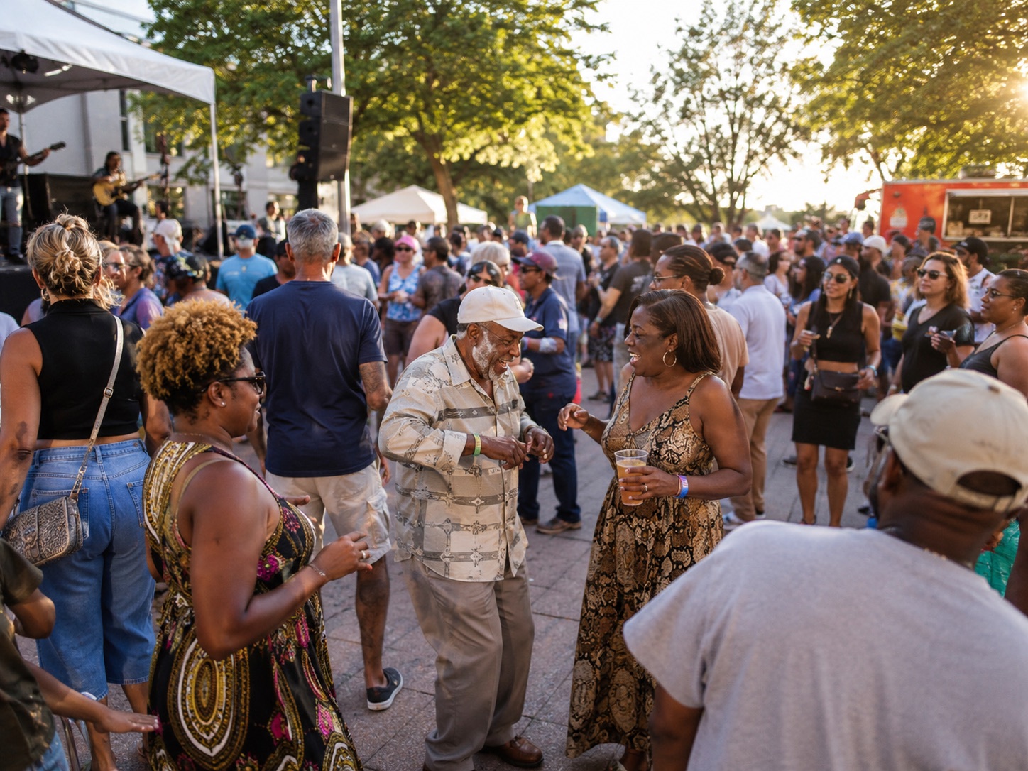 Crowd dancing at a community festival with a music stage and food truck