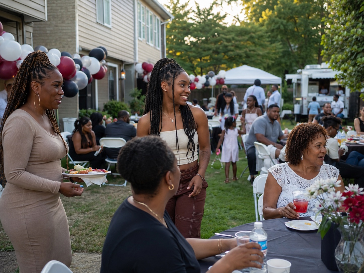 Guests at a backyard private party with tables, string lights, and a food truck