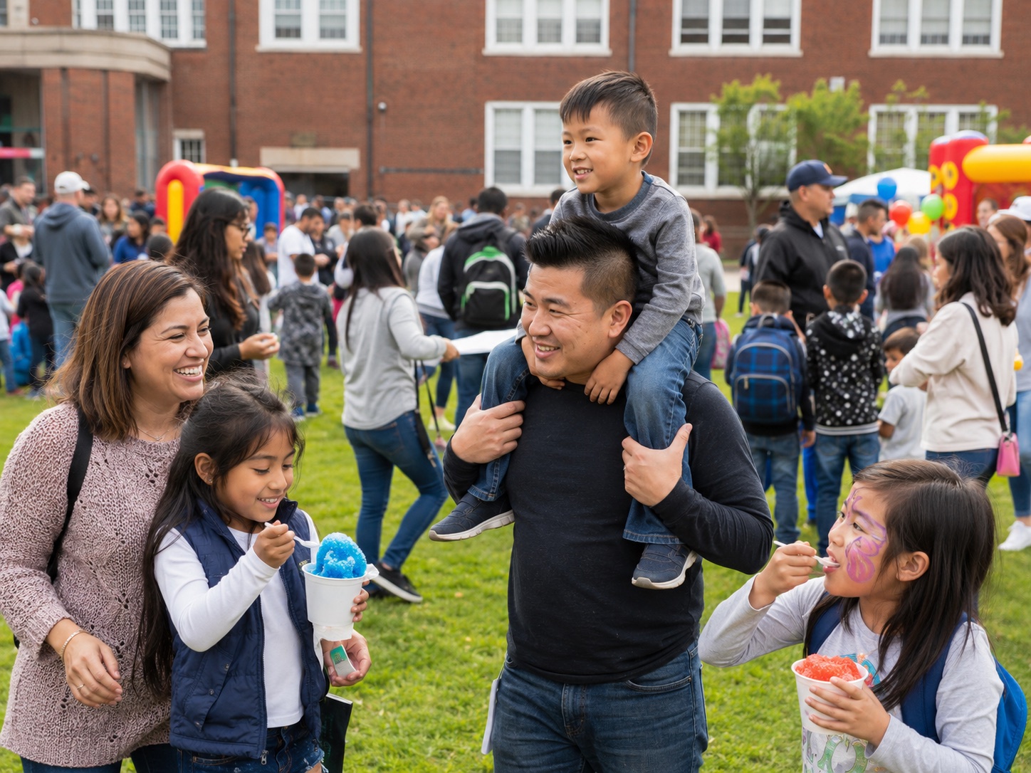 Families with snow cones at a school festival in front of the school building